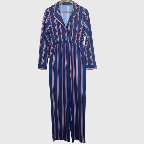 None Pants - Women’s Long Sleeve London Striped Fitted One-Piece Costume Jumpsuit Size Large